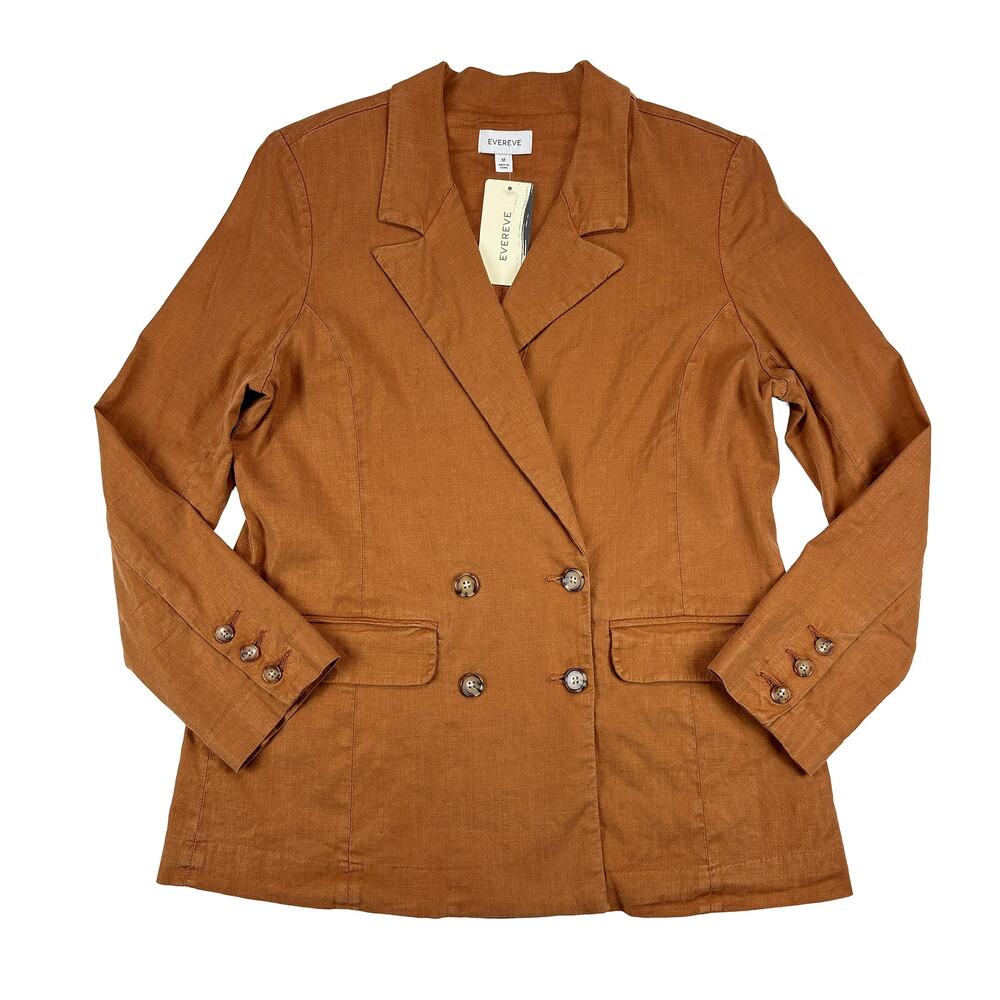 EVEREVE NWT Alexa Double Breasted Blazer Womenβs M Caramel Linen Blend